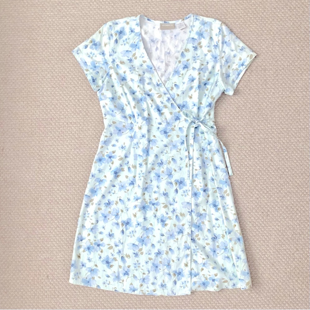 Liz Claiborne Linen Blend Blue Floral Wrap Dress